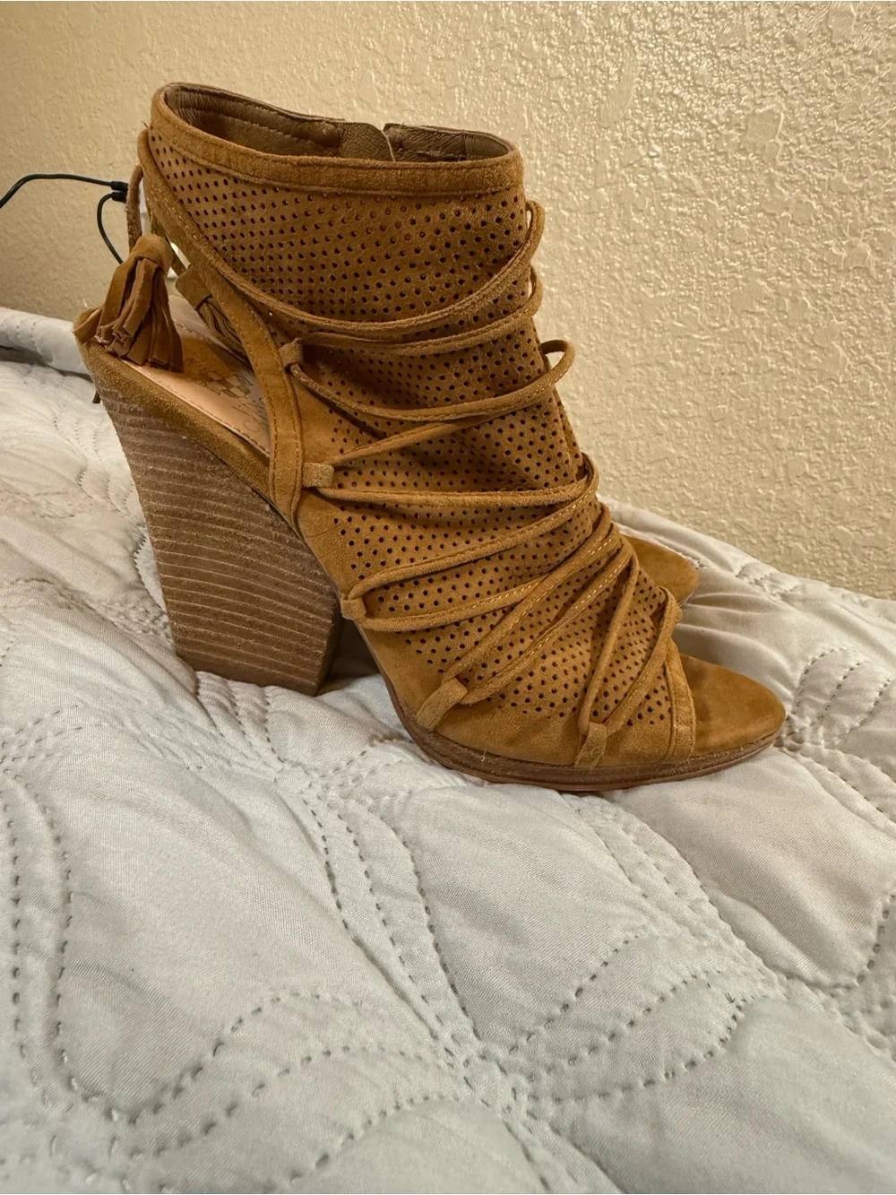 Vince Camuto Tan Perforated Suede Lace-Up Wedge Sandals